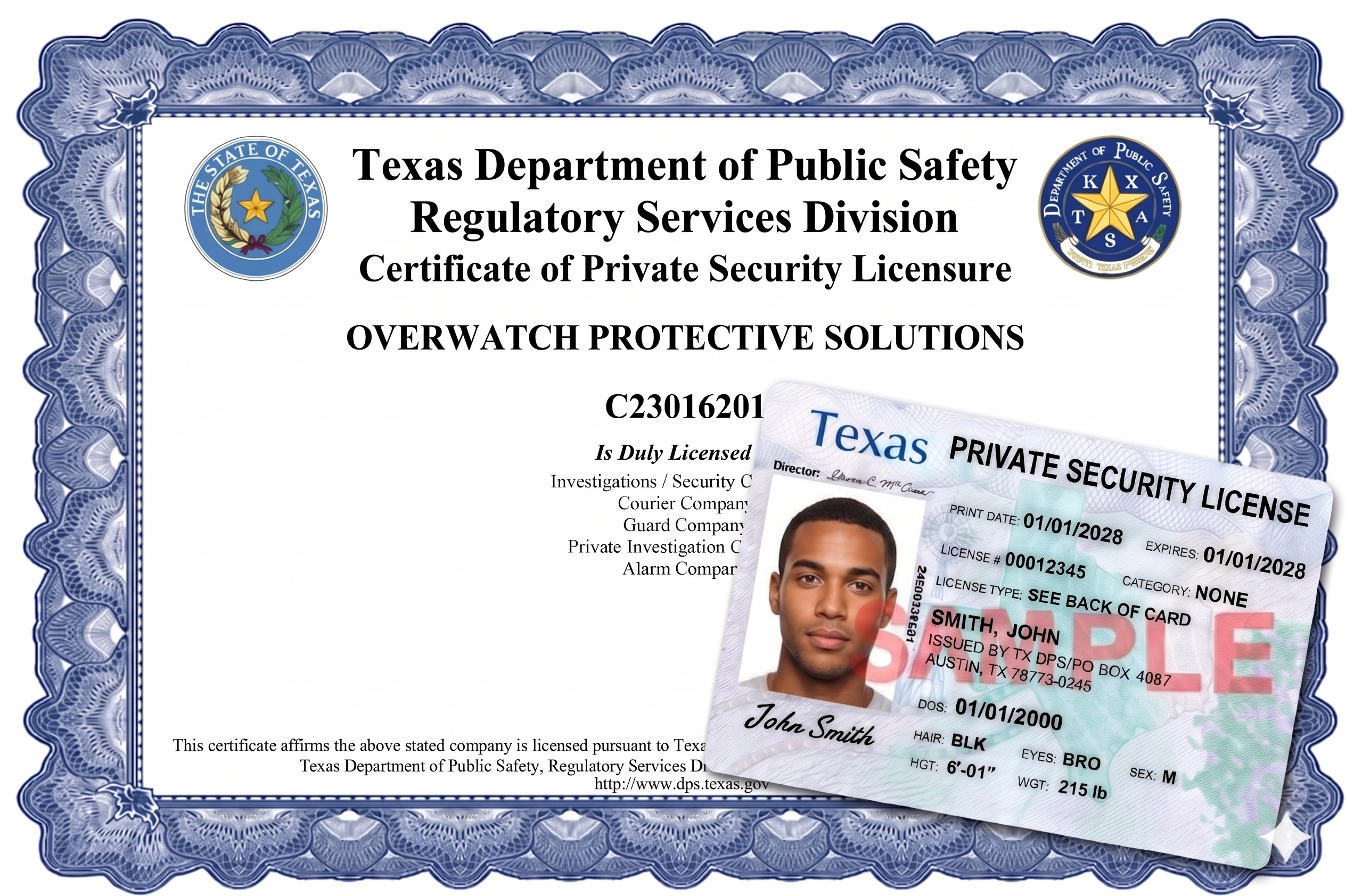 Texas DPS licensed security company Arlington Tarrant County DPS License C23016201 Overwatch Protective Solutions