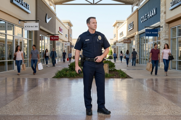 Retail security Dallas OPS officer patrolling DFW shopping center exterior covering multiple tenant retail spaces