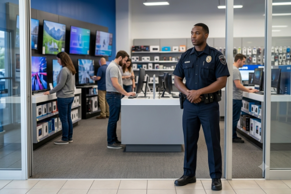 Retail security Dallas uniformed OPS officer providing visible deterrence at Dallas Fort Worth retail store entrance