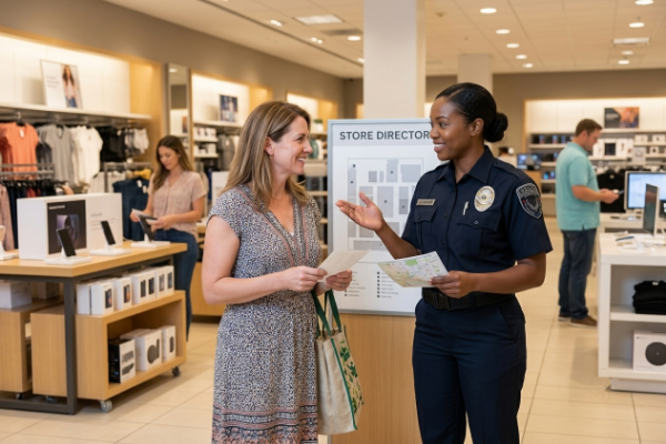 Retail security Dallas OPS officer approachable customer interaction at DFW retail store reassuring legitimate shoppers