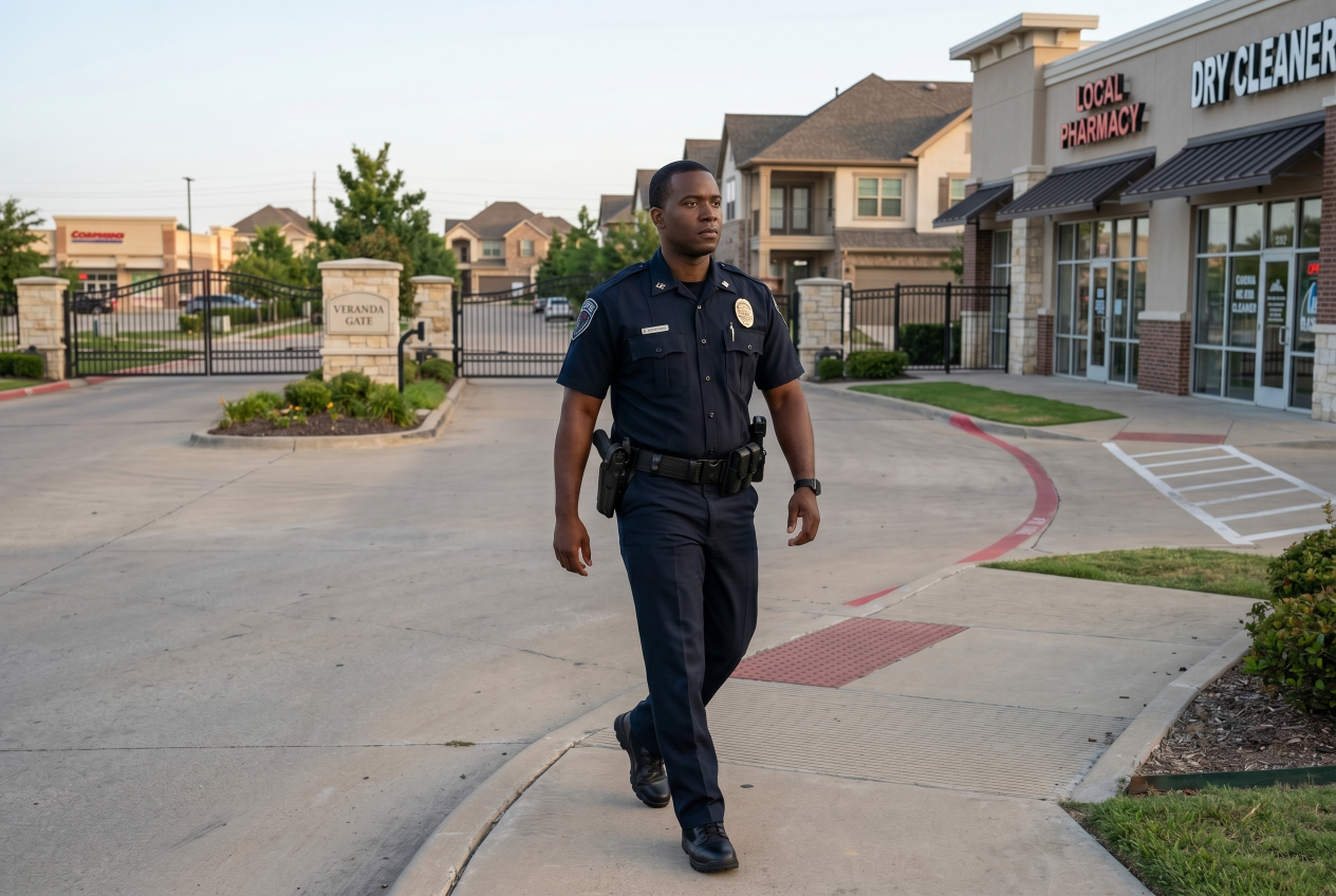 Arlington security guard OPS officer on patrol at commercial corridor and residential area Tarrant County